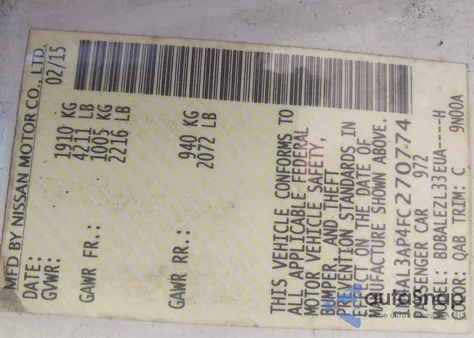 2015 Nissan Altima 2.5 S z USA, uszkodzony, nr VIN 1N4AL3AP4FC270774